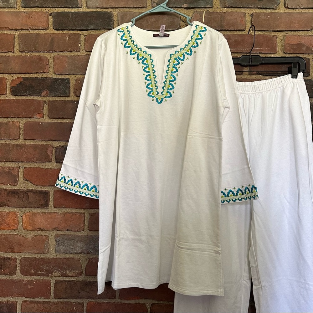 STAN HERMAN 3/4 Sleeve Tunic Top Crop Pant X 26.5 Lounge White Set -medium - Picture 2 of 5